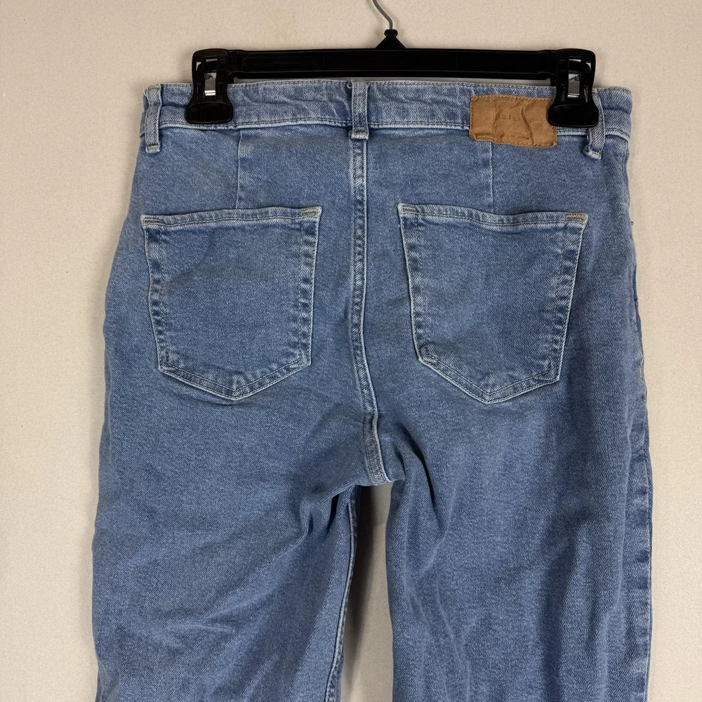 Bershka Flare Jeans Womens 6 Blue Light Wash High Rise Split Hem Stretch Denim